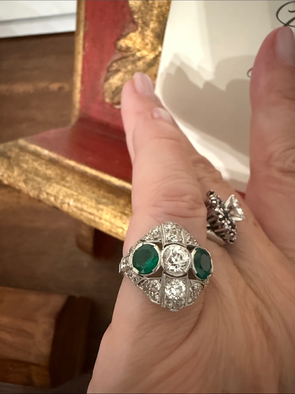 Antique 1920’s Art Deco Emerald+Diamond Platinum Ring. Marked C.D. Peacock. Gem